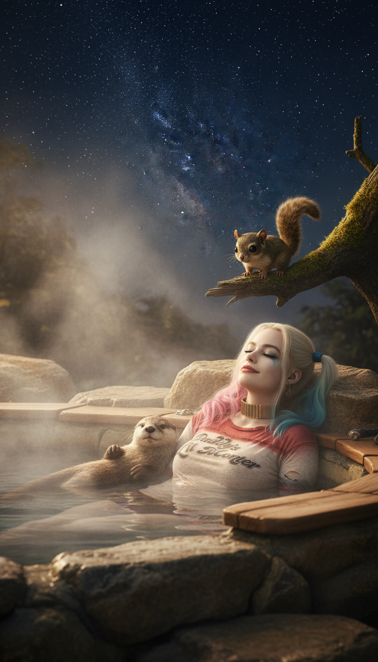 Storyboard 5: Style: Peaceful nighttime hot spring atmosphere with starry sky | Audio: Hot spring bubbling and gentle night sounds Shot 1 (0-4s): Medium s