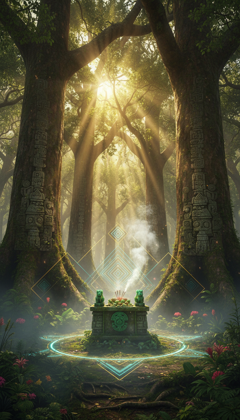 Storyboard 2: Wide shot, low angle - Enormous ancient trees with golden light beams, carved Mayan glyphs on stone, ethereal mist floating