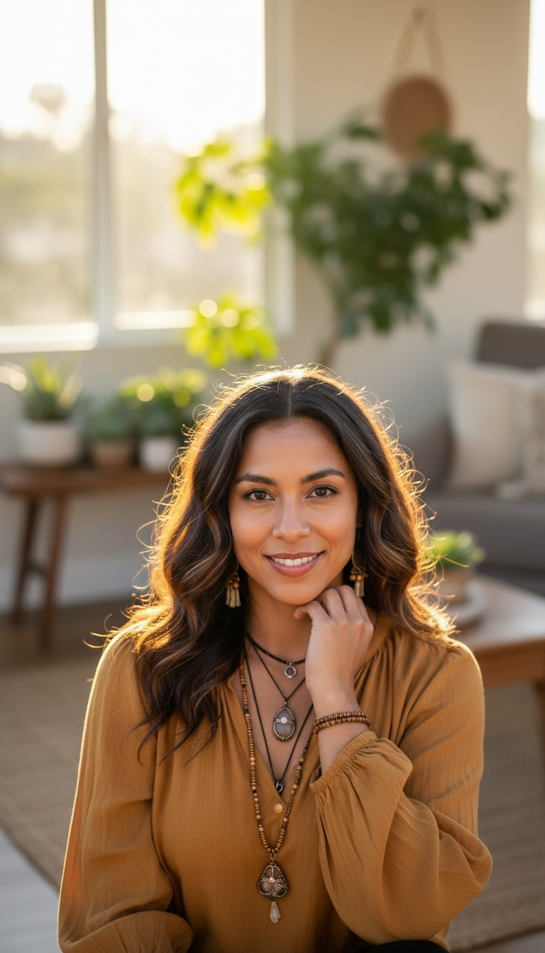 Storyboard 1: Medium shot, front angle - Mixed-race Latina woman in modern living space with plants, genuine warm smile, layered spiritual necklaces