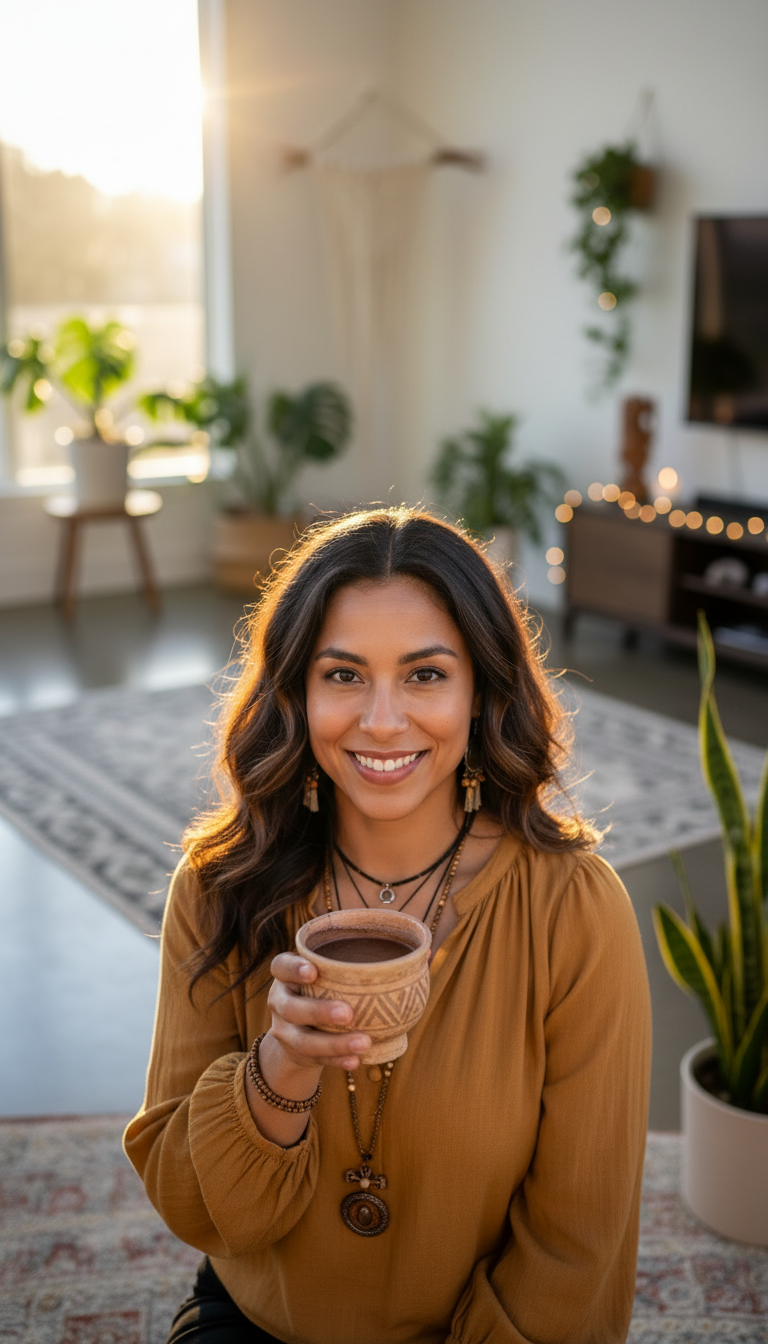 Storyboard 4: Medium shot, front angle - Character back in modern space with spiritual transformation evident, confident radiant smile, holding cacao cup