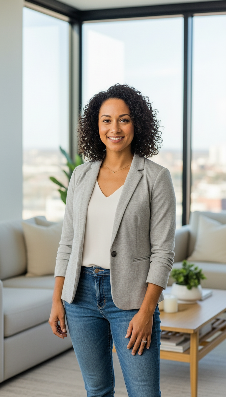 Storyboard 1: Medium shot, front angle - Host stands confidently in modern living room with floor-to-ceiling windows