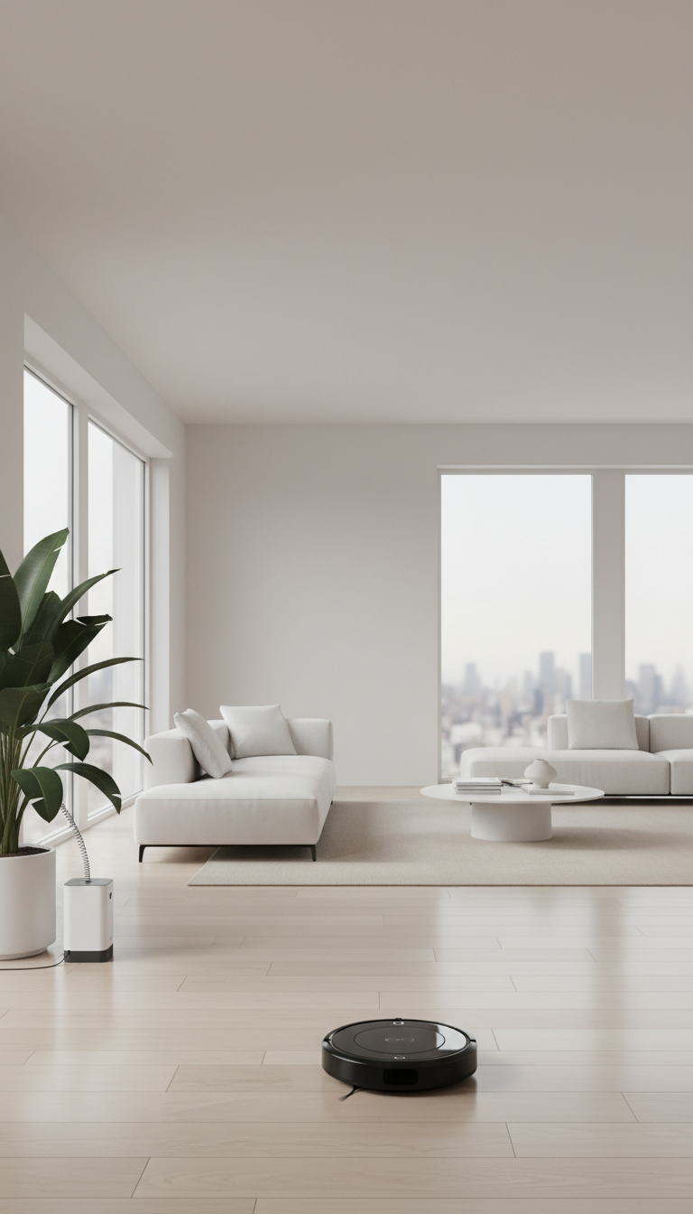 Storyboard 2: Wide shot, slight high angle - Living room overview showing robot vacuum in motion on wooden floor