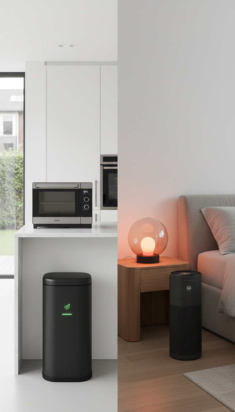 Storyboard 3: Wide to medium shot - Kitchen island featuring multifunctional oven and eco waste device