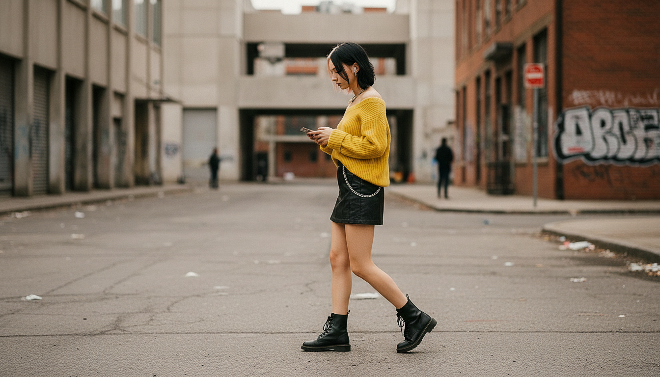 Storyboard 1: Wide side profile - Young woman with pink hair walking steadily left to right on neutral city street
