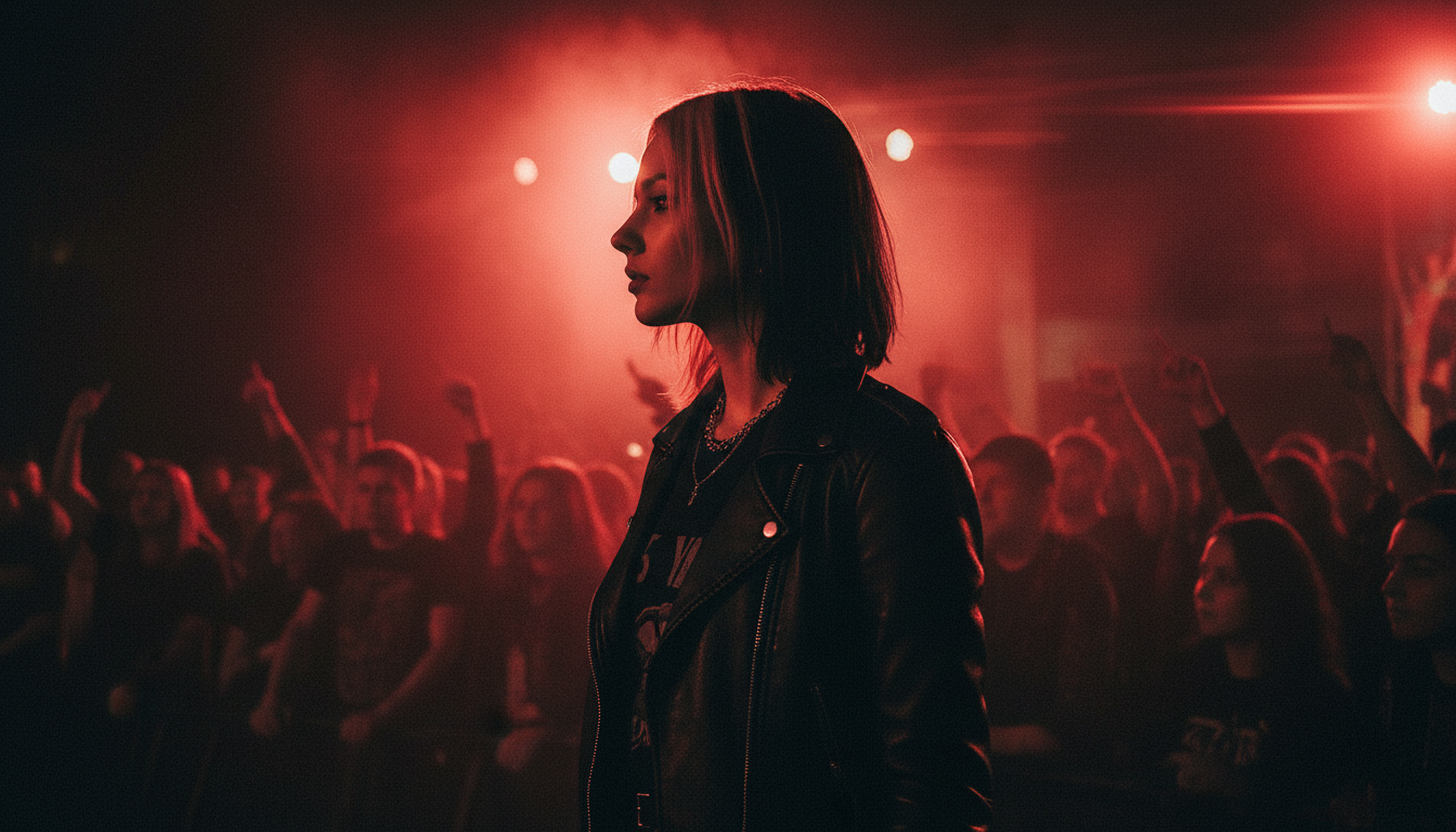 Storyboard 2: Wide side profile - Rock concert continues with flashing red lights and smoky air