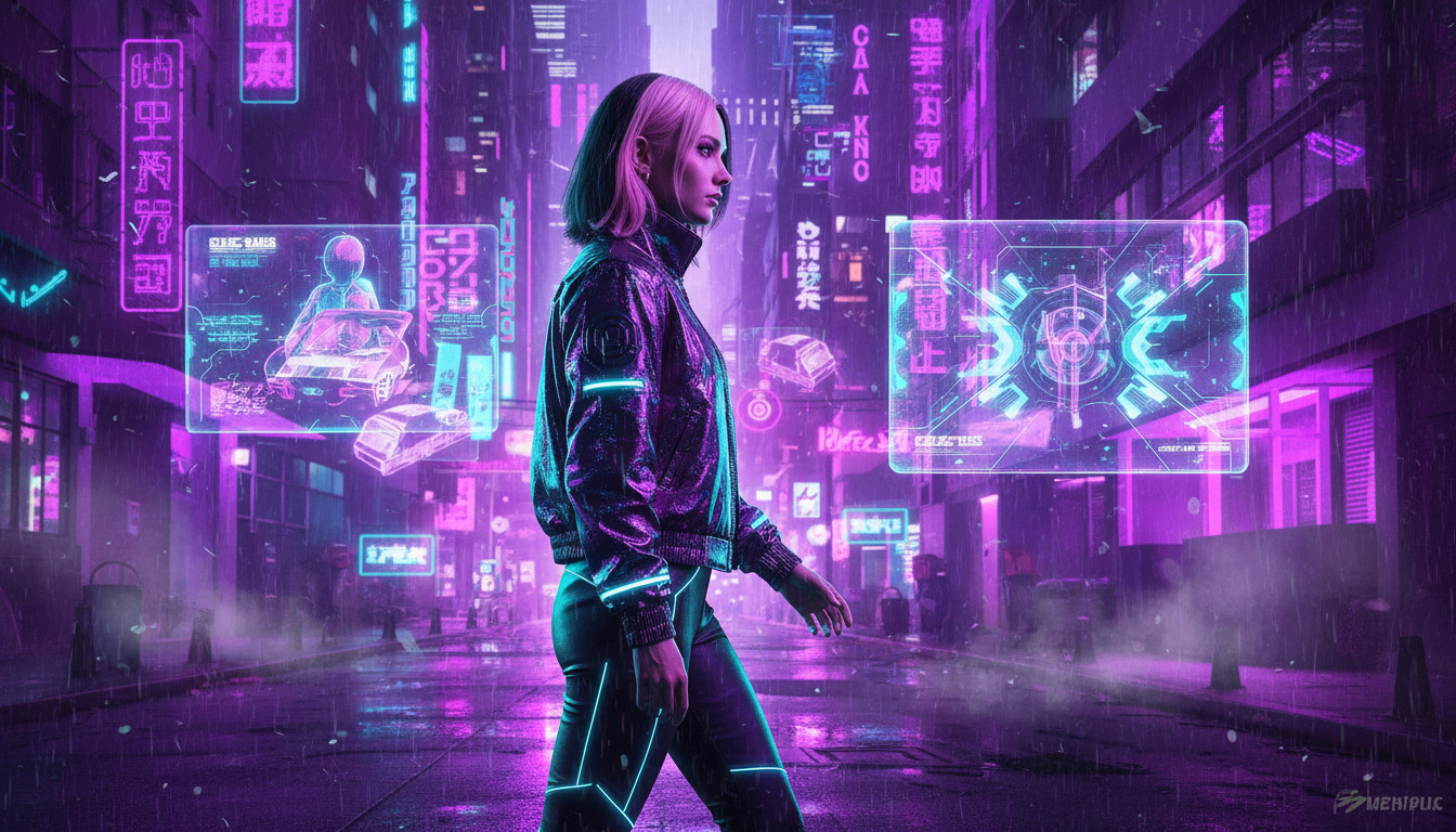 Storyboard 3: Wide side profile - Cyberpunk world with glowing purple/cyan signs and holograms