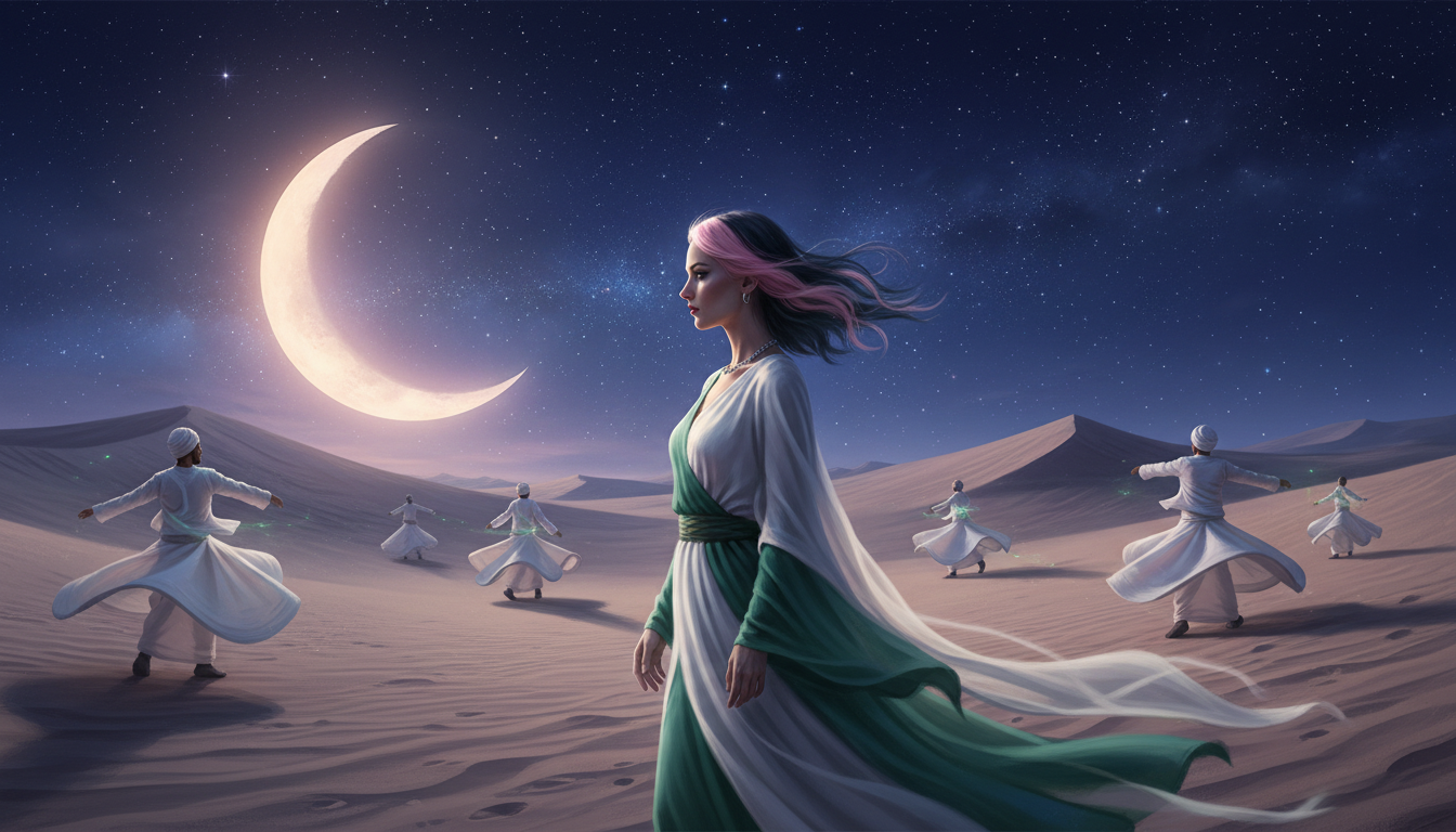 Storyboard 4: Wide side profile - Mystical desert continues with glowing moon and whirling dervishes