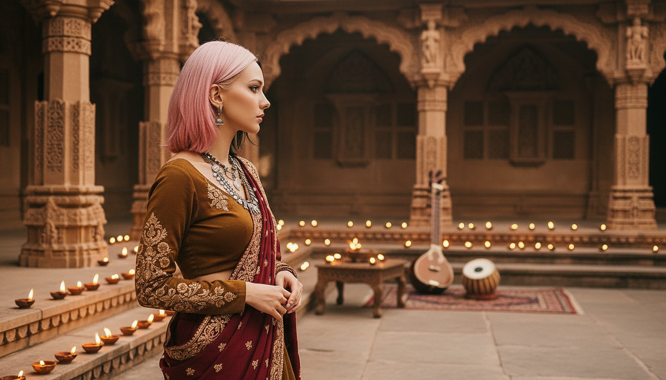 Storyboard 5: Wide side profile - Temple atmosphere with spiritual golden lighting