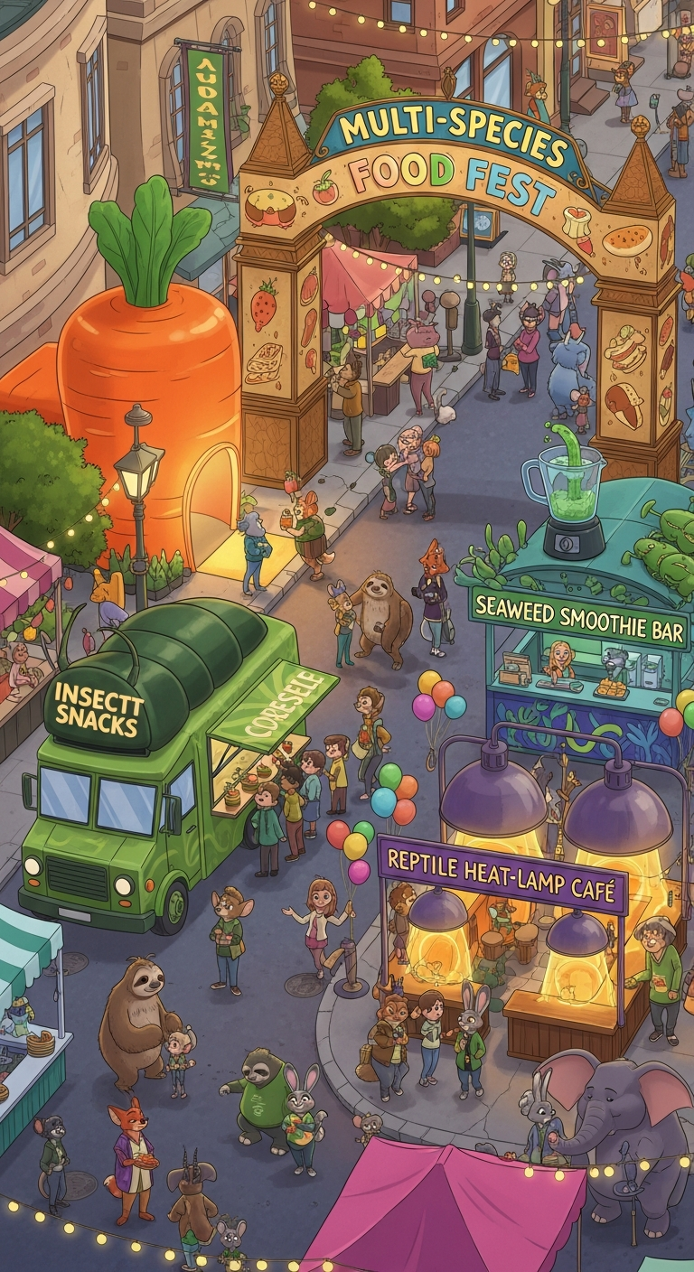 Storyboard 1: Wide aerial view - Colorful Multi-Species Food Festival with diverse animal vendors and stalls