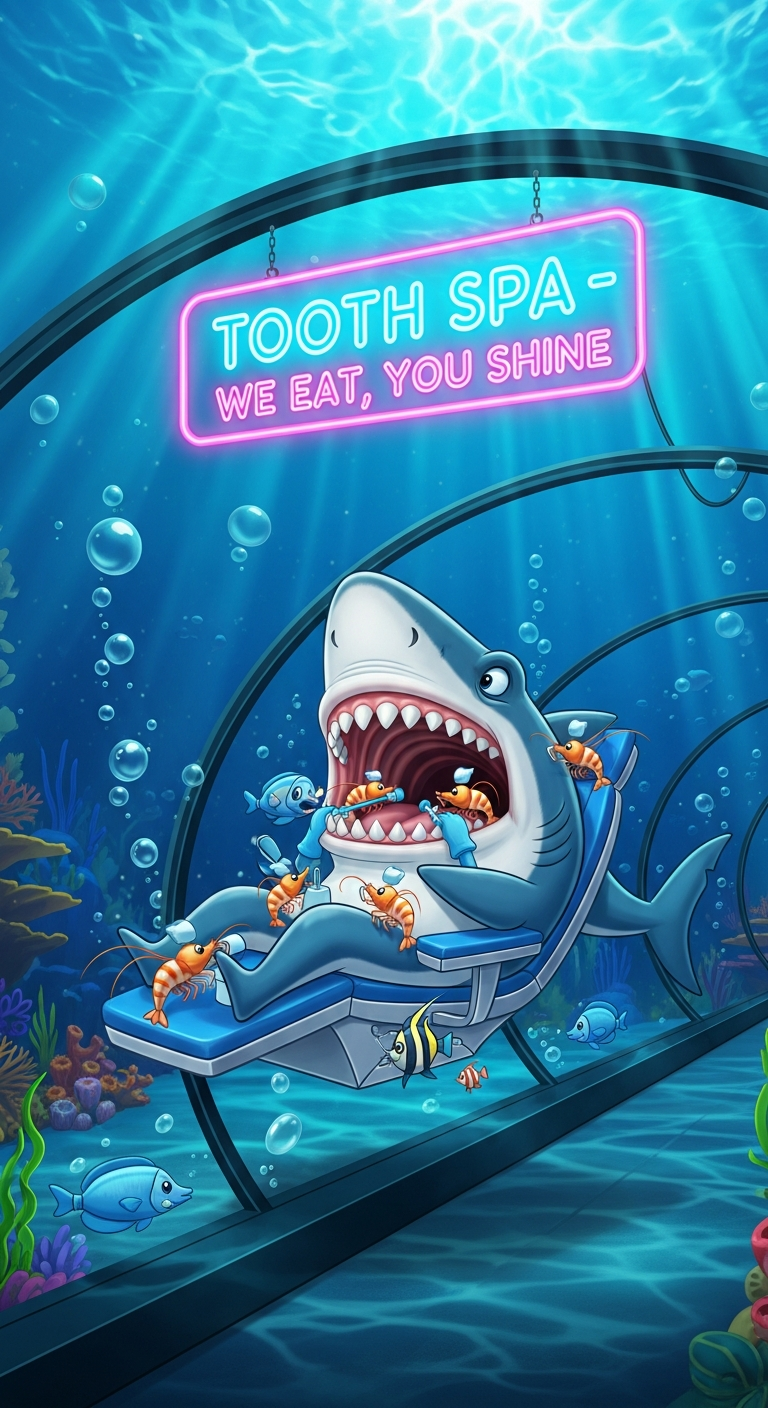 Storyboard 4: Wide shot through glass tunnel - Shark relaxing in Tooth Spa Chair, cleaner shrimp working diligently