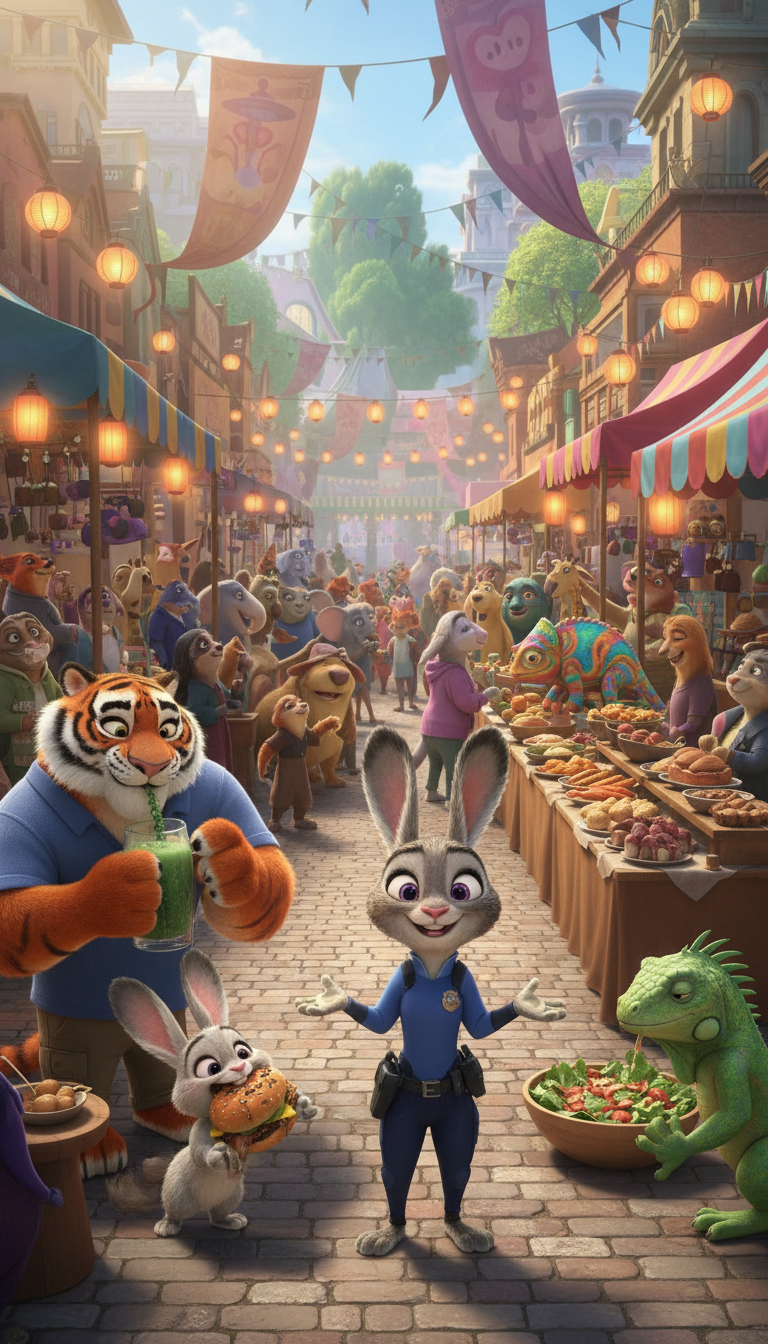 Storyboard 6: Wide festival panorama - All featured animals proudly displaying their foods, Judy center addressing camera
