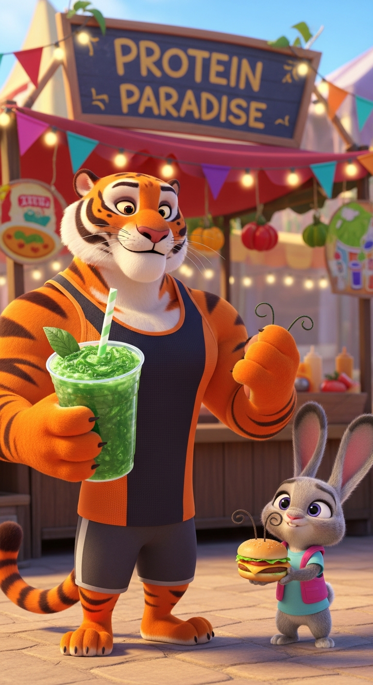 Storyboard 2: Medium wide shot - Tiger in sporty clothes holding seaweed smoothie, bunny with bug burger nearby