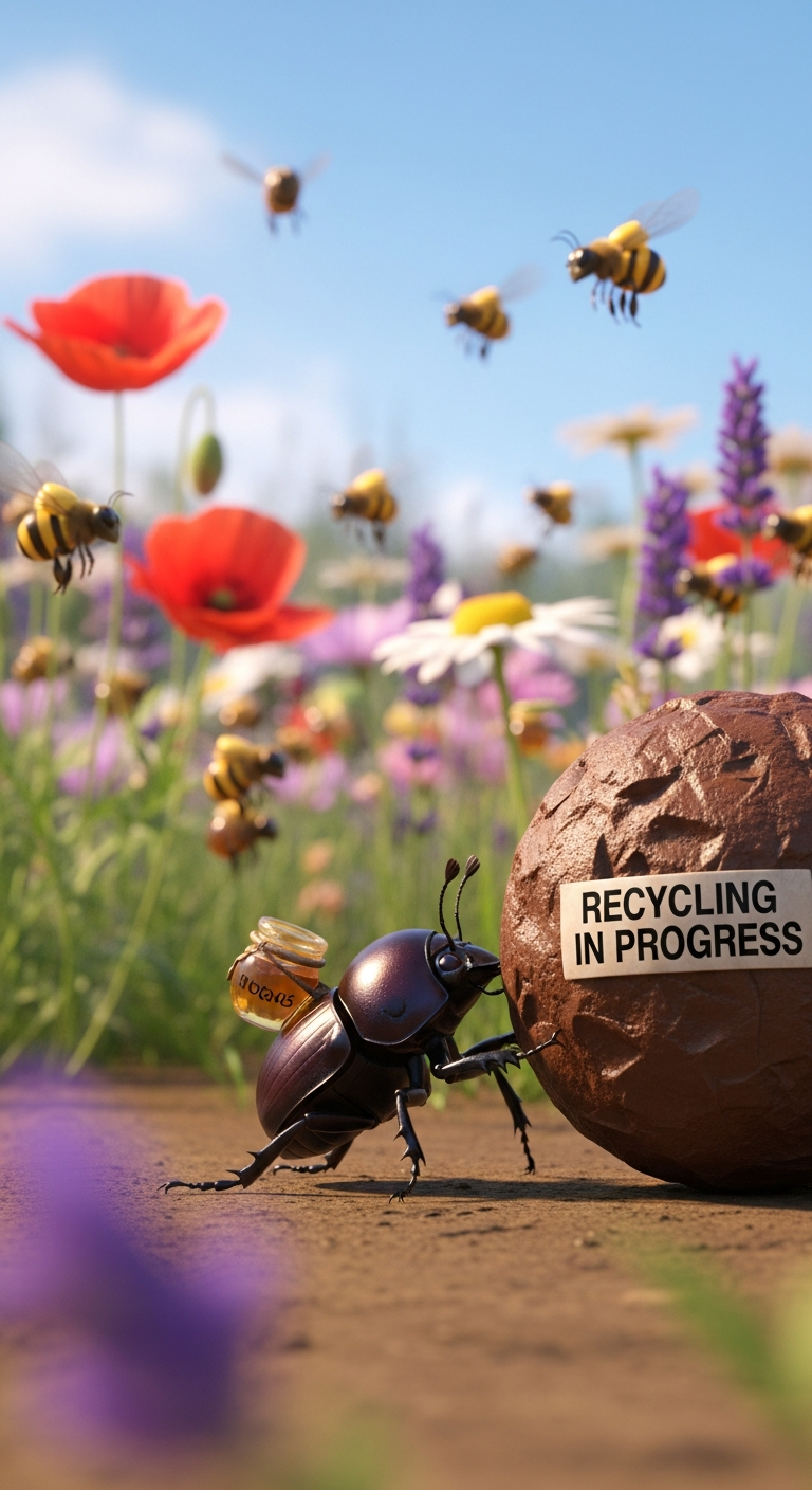 Storyboard 5: Low ground level tracking - Determined dung beetle pushing recycling ball, busy bees in colorful flower field