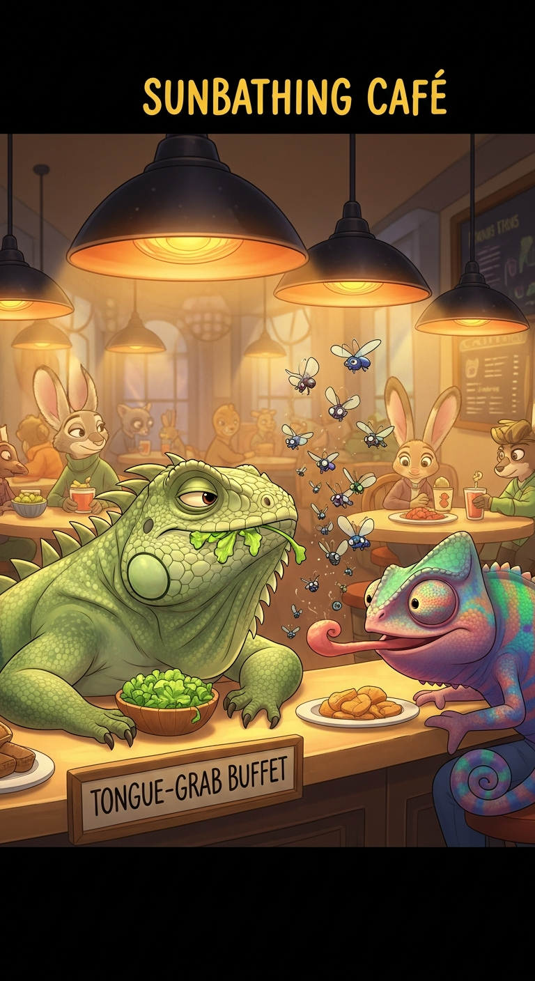 Storyboard 3: Wide establishing shot - Sunbathing Café with relaxed iguana under heat lamp, chameleon at buffet