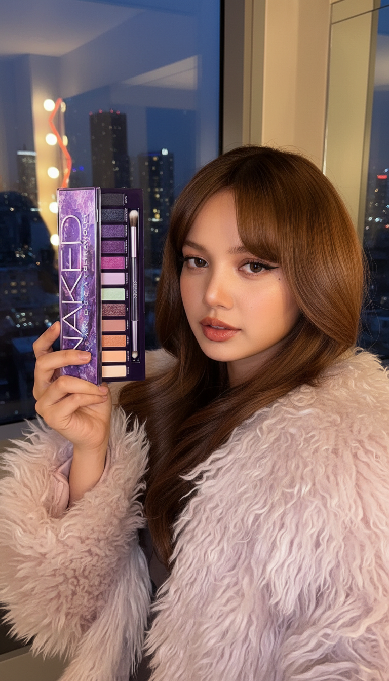 Storyboard 1: Young woman with flowing brown hair and bangs, wearing pink fluffy coat, holding purple eyeshadow palette. Modern vanity area with city ligh
