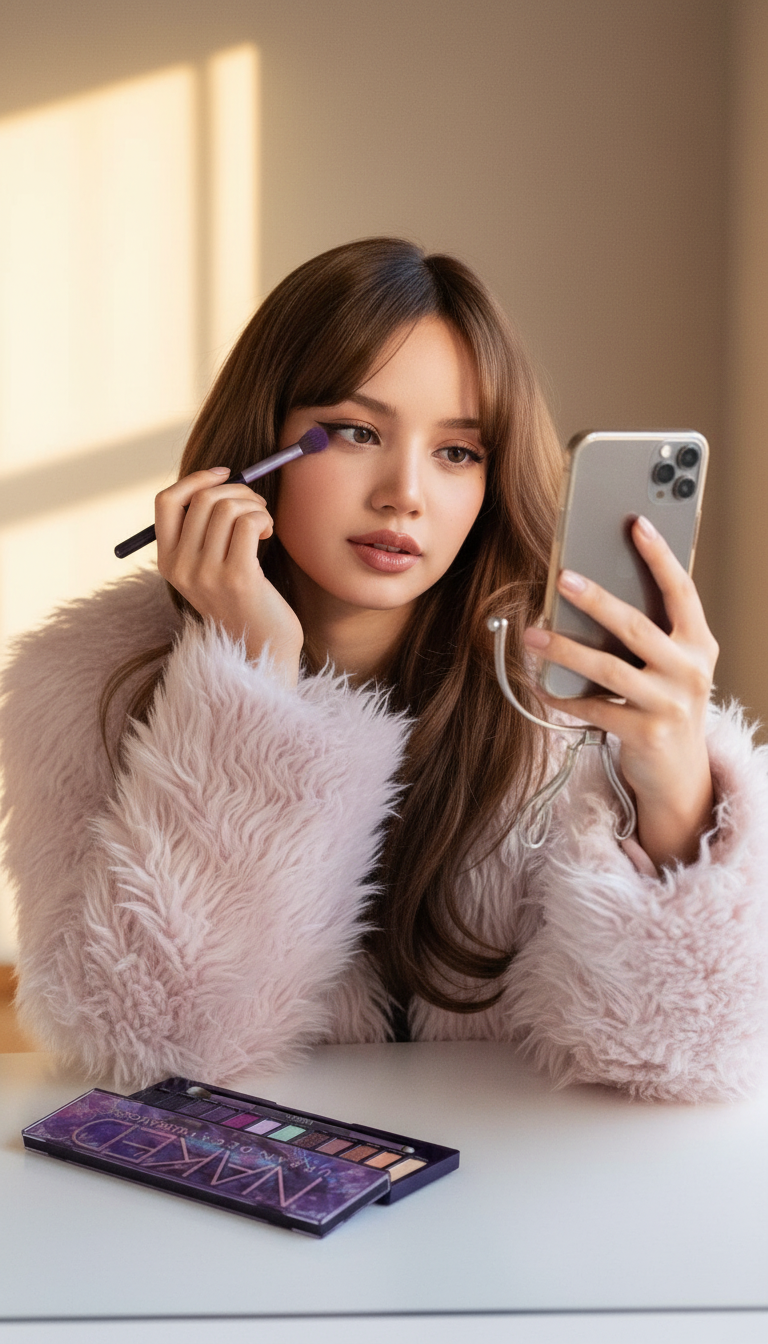 Storyboard 2: Young woman with flowing brown hair and bangs, wearing pink fluffy coat, applying eyeshadow with brush near her eye, holding phone/mirror. M