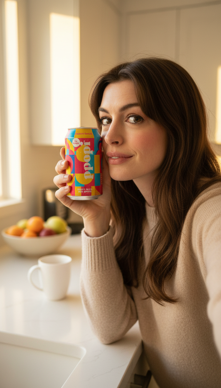 Storyboard 1: Young woman with long brown wavy hair, wearing cozy cream sweater, holding colorful poppi soda can in bright modern kitchen. Morning window 