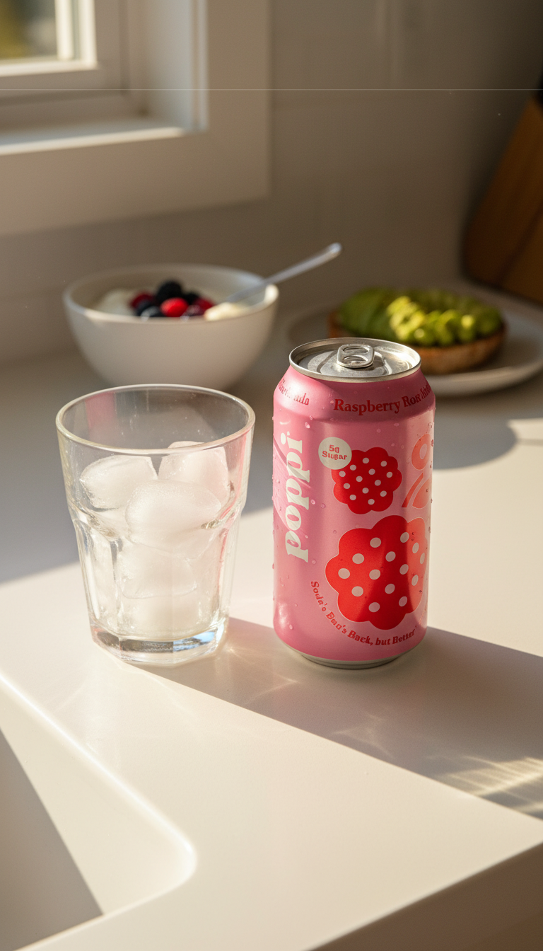 Storyboard 3: Pink poppi soda can and clear glass filled with ice cubes on white kitchen counter. Morning window light from left, warm golden tones, yogur