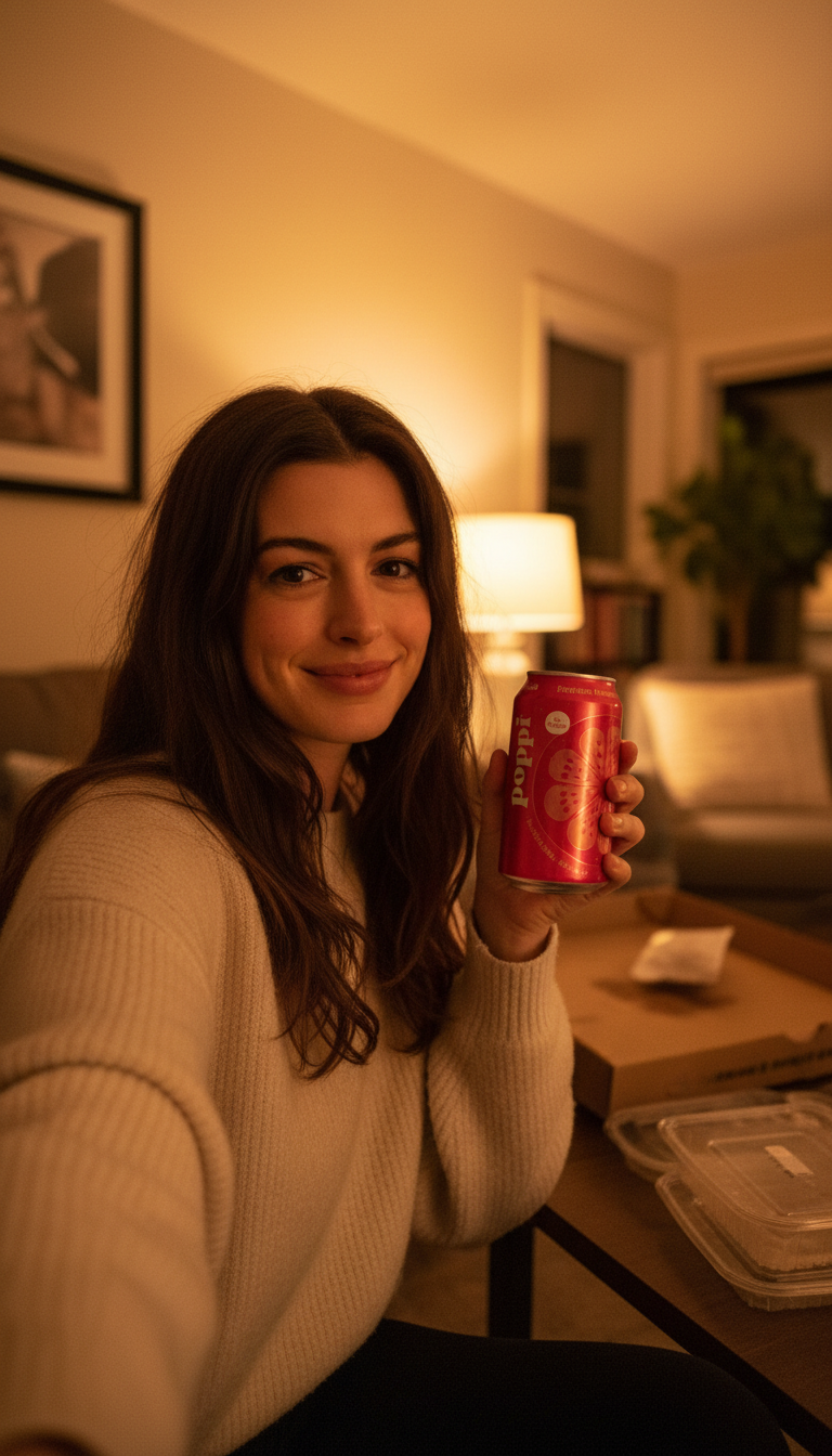 Storyboard 6: Young woman with long brown wavy hair, wearing cozy cream sweater, sitting in warm lamp-lit living room with takeout containers and red popp