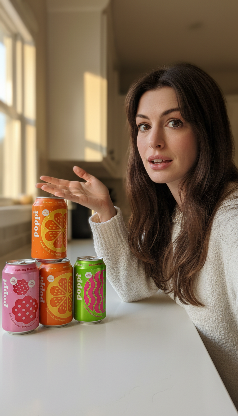 Storyboard 7: Young woman with long brown wavy hair, wearing cozy cream sweater, at bright kitchen counter with 4-5 colorful poppi cans lined up (orange, 