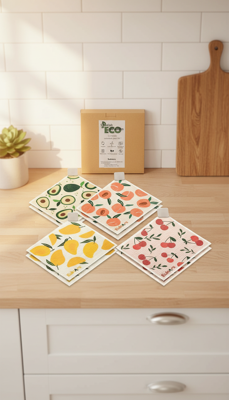 Storyboard 4: Four colorful fruit-patterned Swedish eco dishcloths (avocado, peach, lemon, cherry patterns) fanned out neatly on a light wooden kitchen co