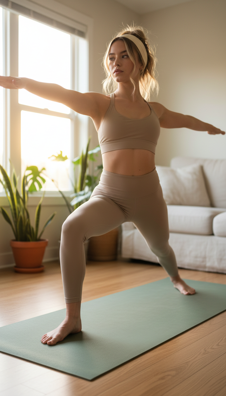 Storyboard 1: Young woman with wavy blonde-brown hair, headband, wearing neutral earth-tone yoga sports bra and leggingoot on a sage green yoga mat. Cozy 