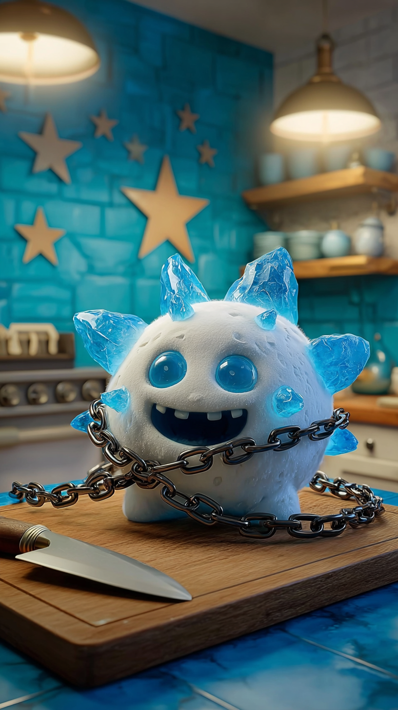 Storyboard 1: Close-up - Ice Spirit's innocent smiling face, blue crystal spikes glinting