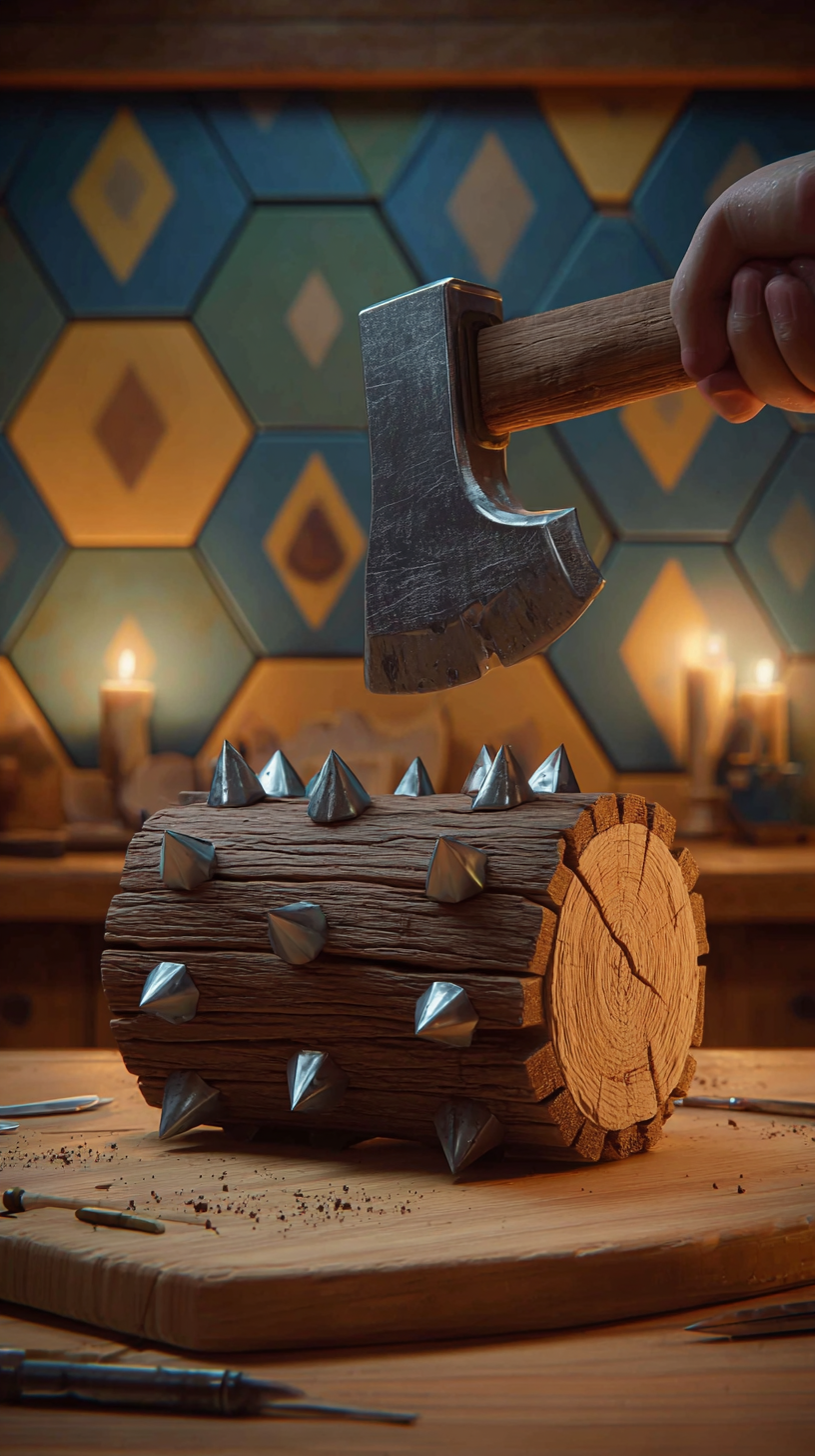 Storyboard 2: Extreme close-up - Metal spikes protruding from wooden log surface