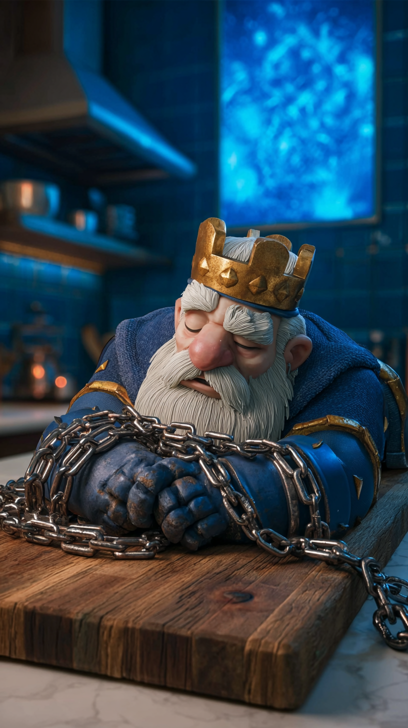 Storyboard 4: Extreme close-up - King's weathered face showing exhaustion and defeat