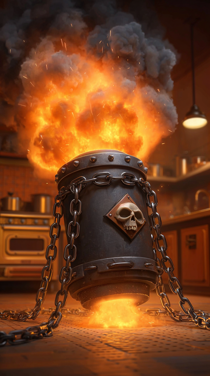 Storyboard 3: Close-up - Skull symbol on the bomb container glowing ominously