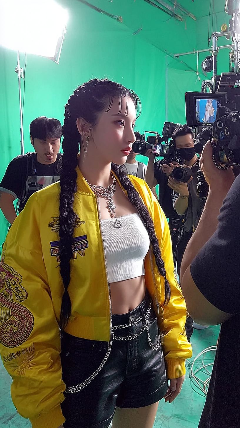 Storyboard 1: Medium shot - Female lead in yellow bomber jacket with dragon embroidery stands confidently on professional film set with green screen backdrop