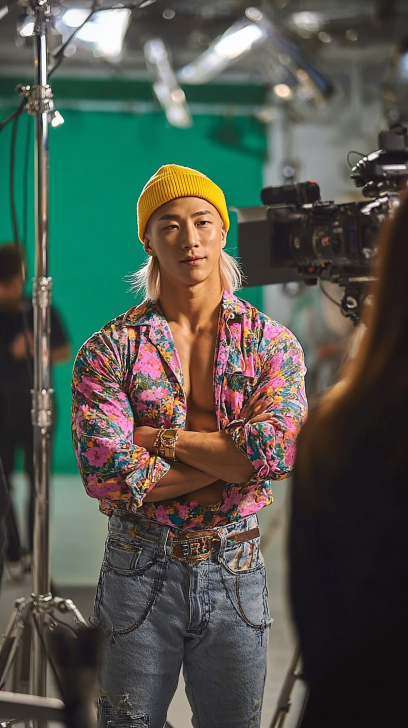 Storyboard 3: Medium shot - Blonde performer in colorful floral shirt and yellow beanie, arms crossed confidently on green screen set