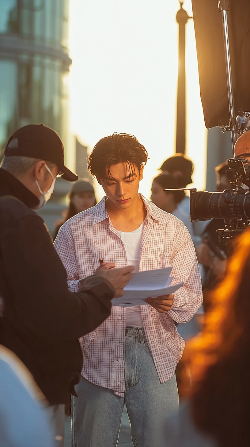 Storyboard 5: Medium shot - Male lead in checkered shirt reviewing script pages with director in golden hour outdoor setting