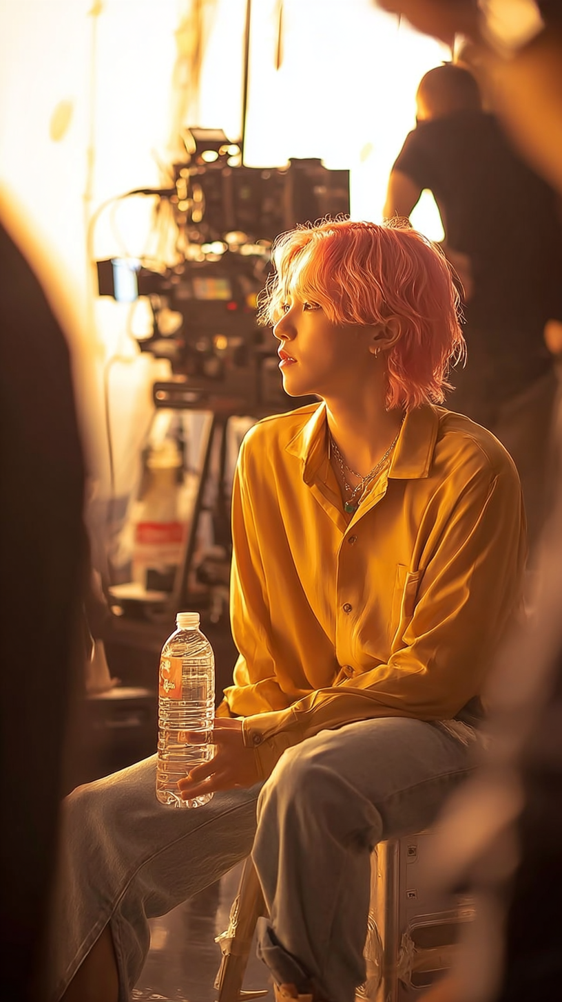 Storyboard 2: Medium shot - Pink-haired performer in mustard yellow shirt relaxing in chair with water bottle, golden hour lighting