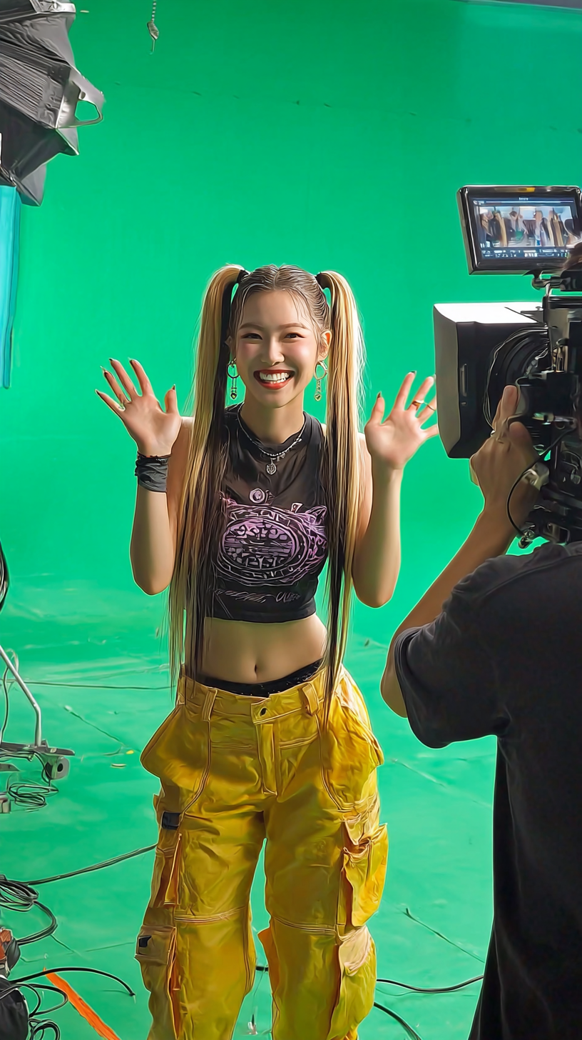 Storyboard 4: Medium shot - Female performer with twin ponytails in yellow cargo pants and graphic tee, enthusiastically waving with both hands