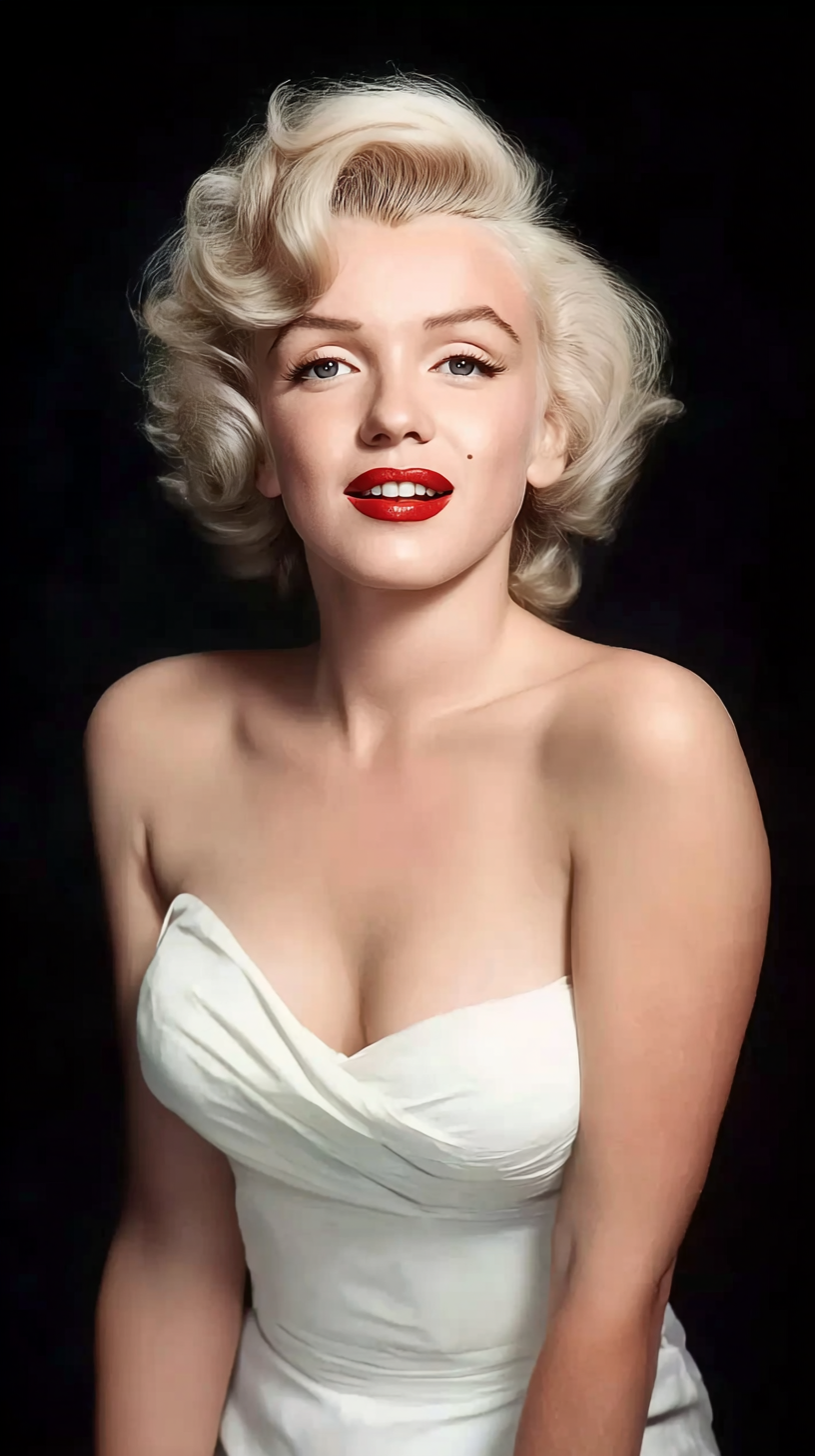 Storyboard 1: Medium shot - Marilyn Monroe in white strapless dress against black background, platinum blonde curls, red lips, looking directly at camera with charming smile