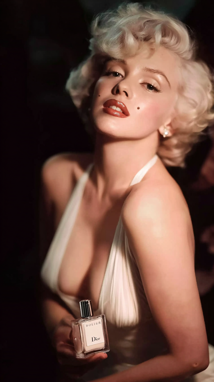 Storyboard 2: Close-up - Marilyn's manicured hands holding Dior Backstage foundation bottle, examining it with wonder