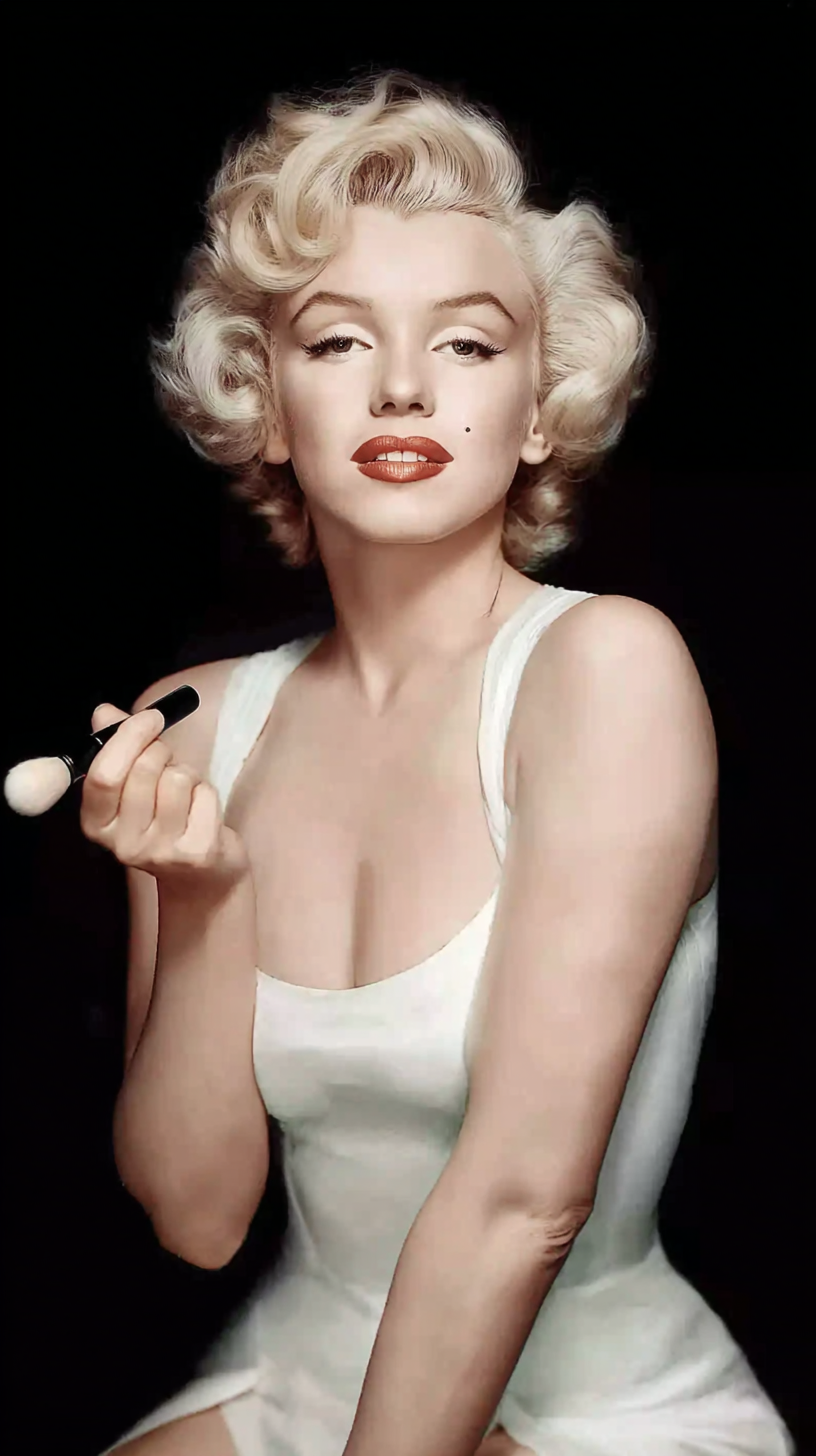 Storyboard 3: Close-up - Marilyn applying foundation with professional brush, Dior and Armani products visible on vanity