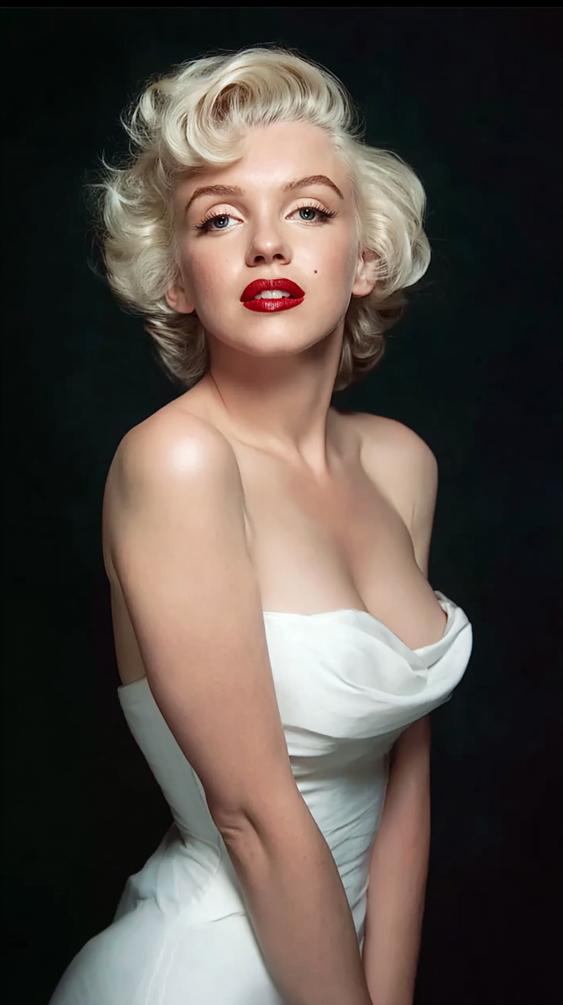 Storyboard 11: Medium shot - Complete transformation reveal, Marilyn in full vintage glamour with all luxury products visible