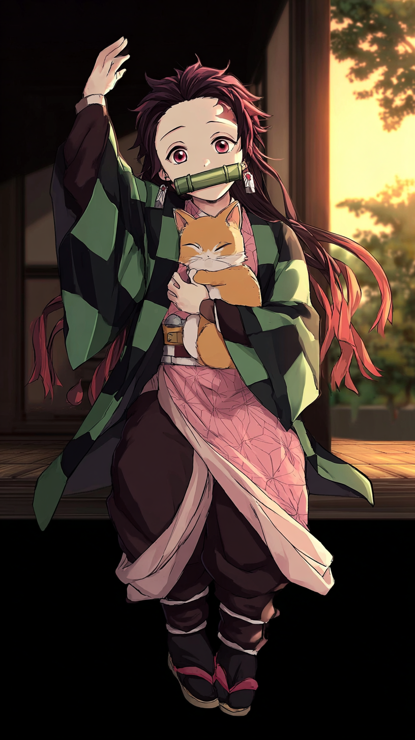 Storyboard 1: Medium-wide establishing shot - Tanjiro sits on porch facing camera, Nezuko beside him with orange cat