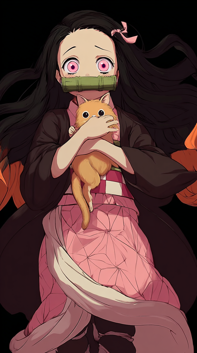 Storyboard 2: Medium on Nezuko - Eyes widen in alarm, clutching cat protectively