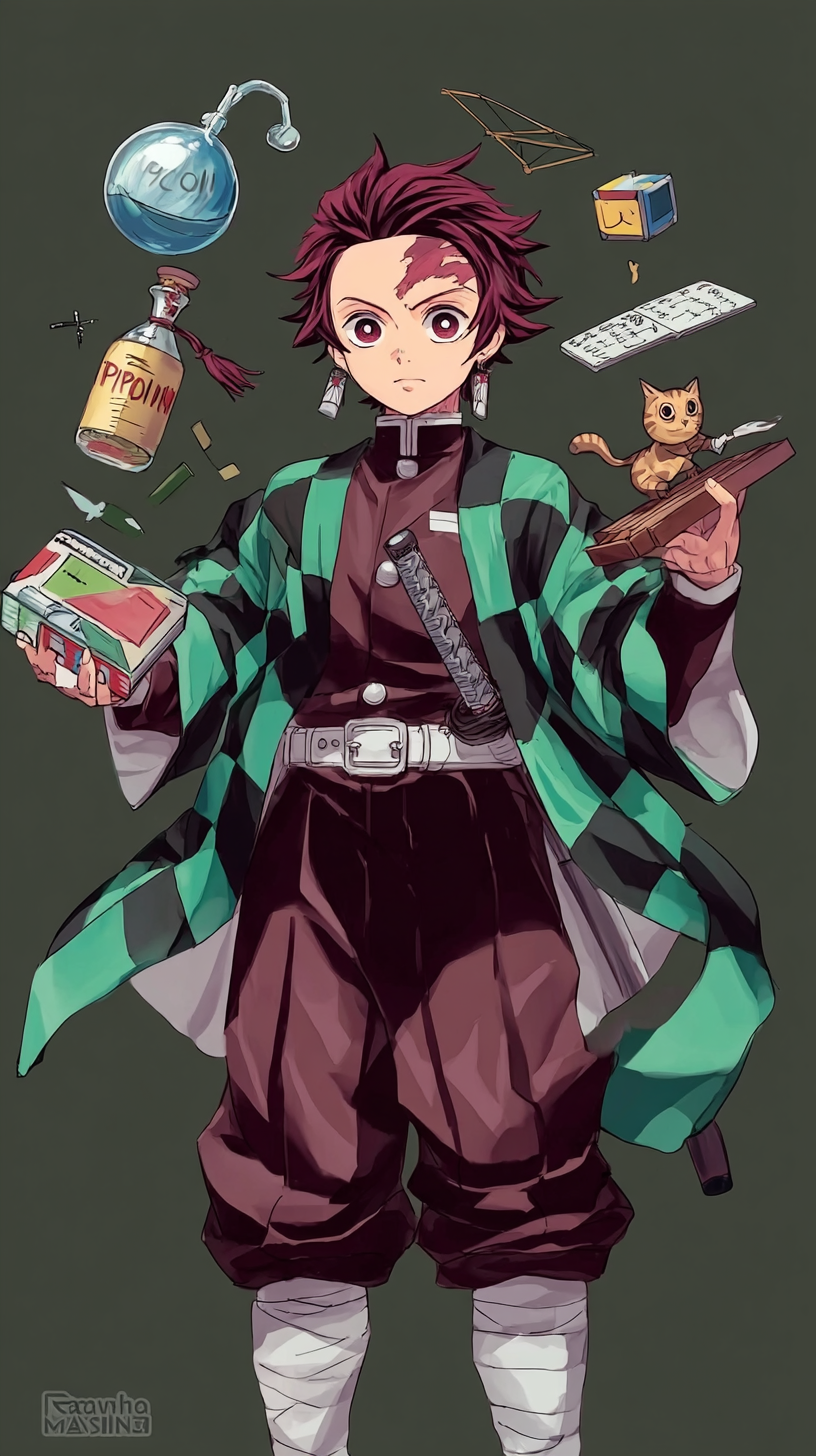 Storyboard 5: Medium shot - Tanjiro holds up poison bottle and mechanical device