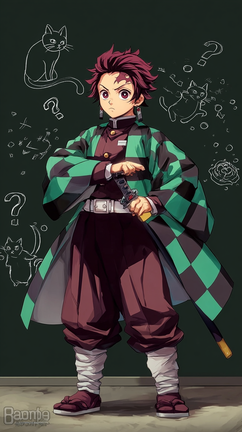 Storyboard 17: Medium shot - Tanjiro stands before blackboard in teacher pose