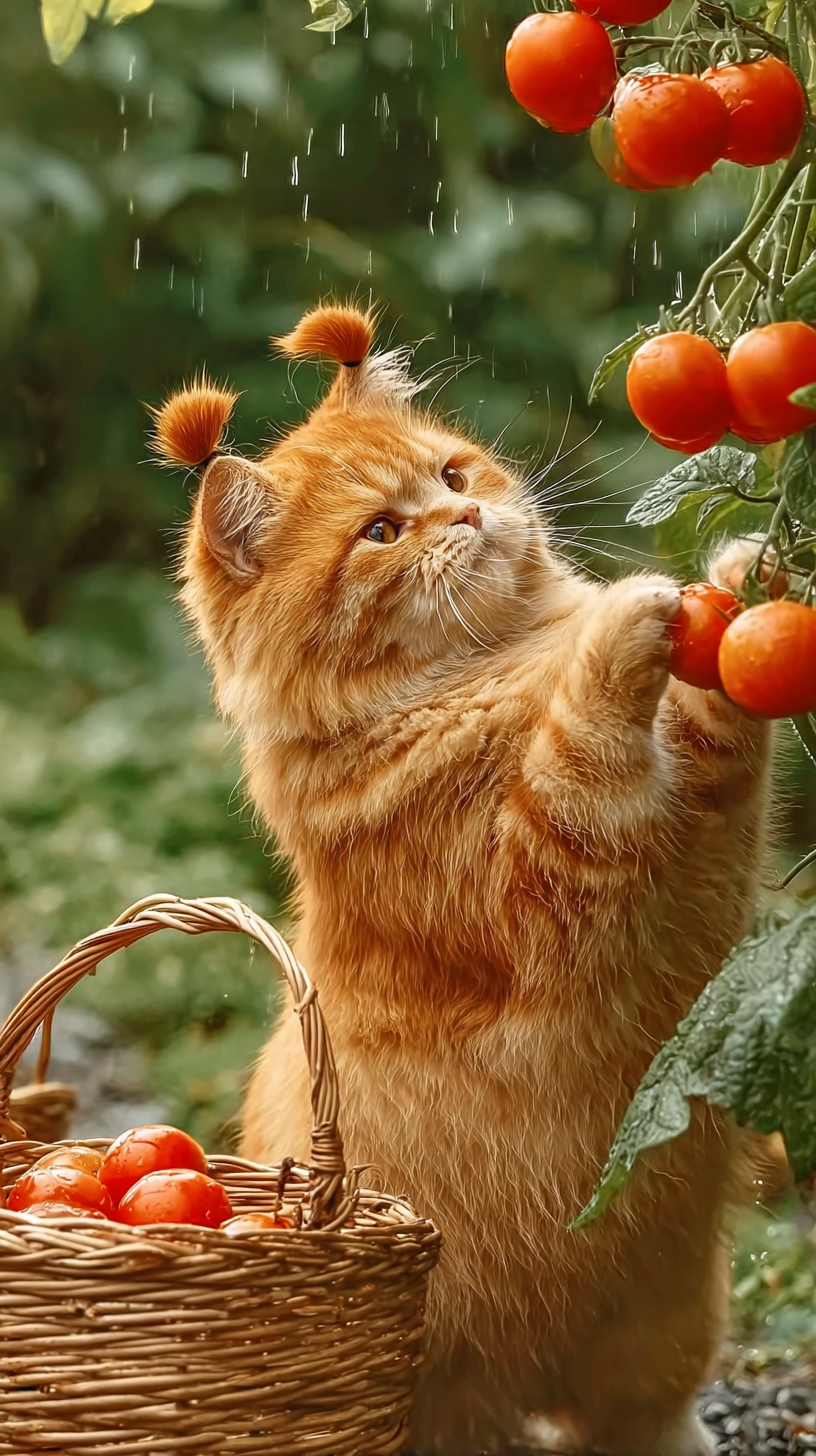 Storyboard 2: Medium shot - Cat reaching up toward ripe red tomatoes hanging from vine