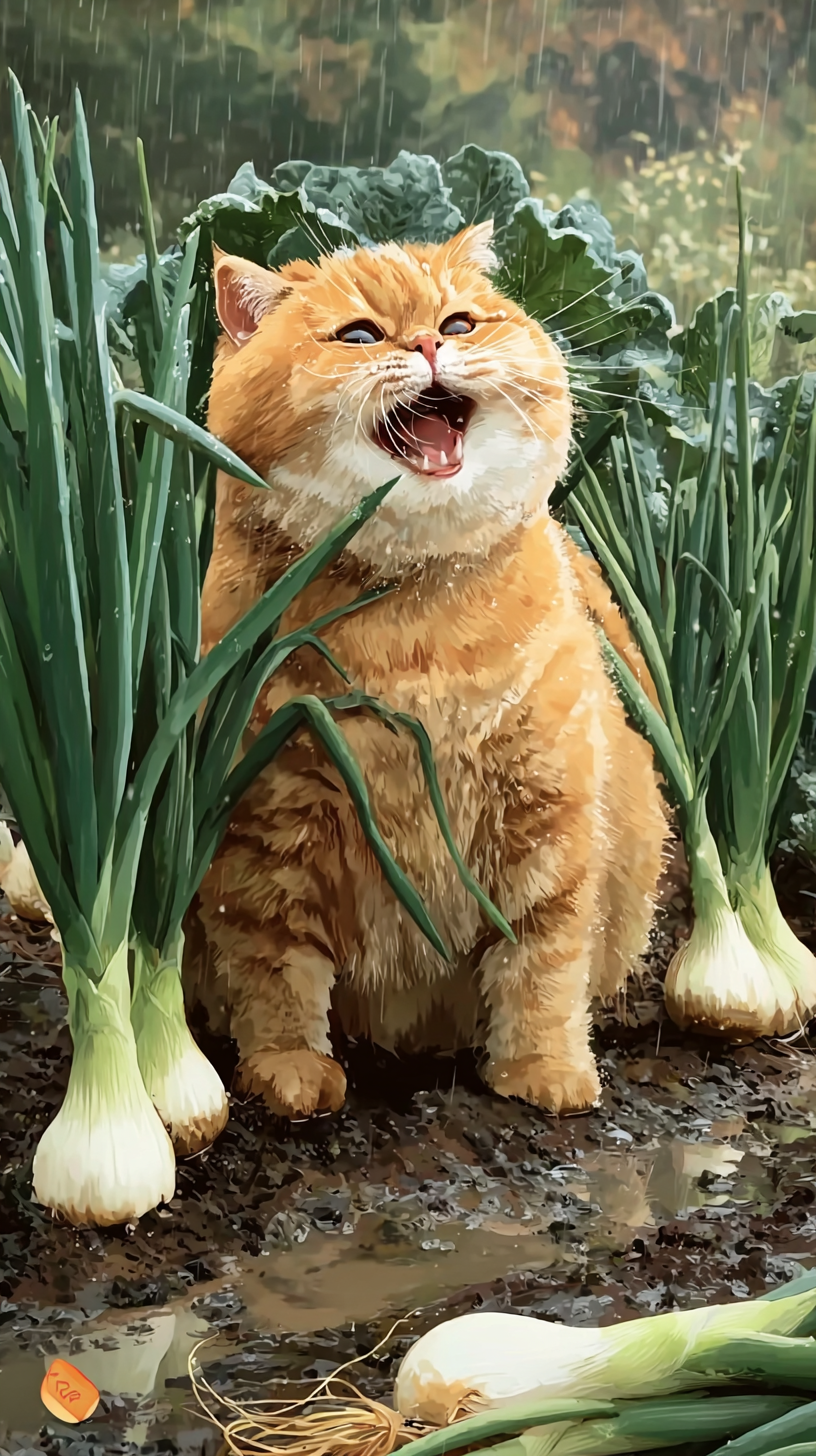 Storyboard 3: Medium shot - Cat kneeling among green onions with excited expression