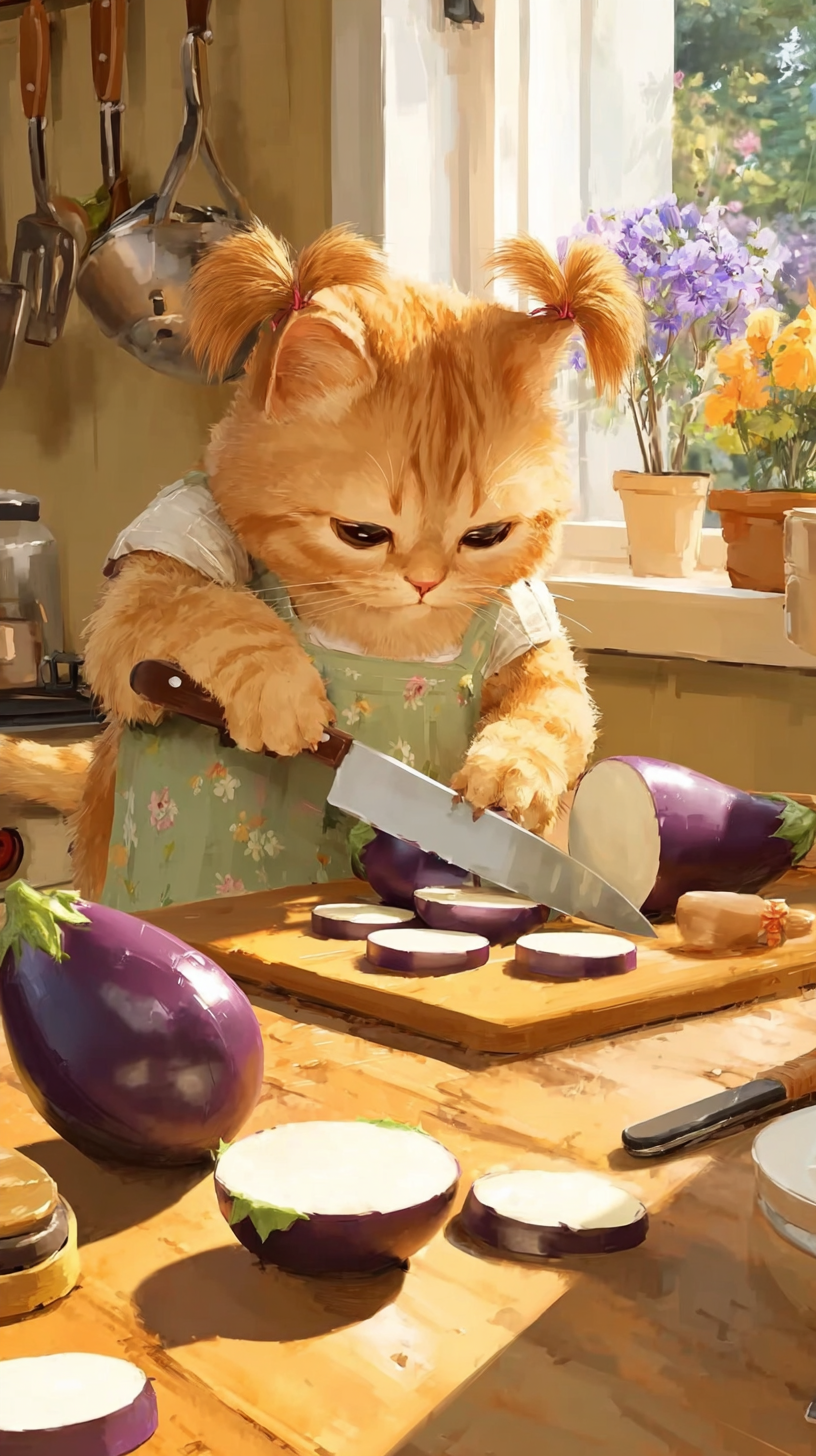 Storyboard 5: Wide shot - Cat positioned at cutting board with large knife and eggplant
