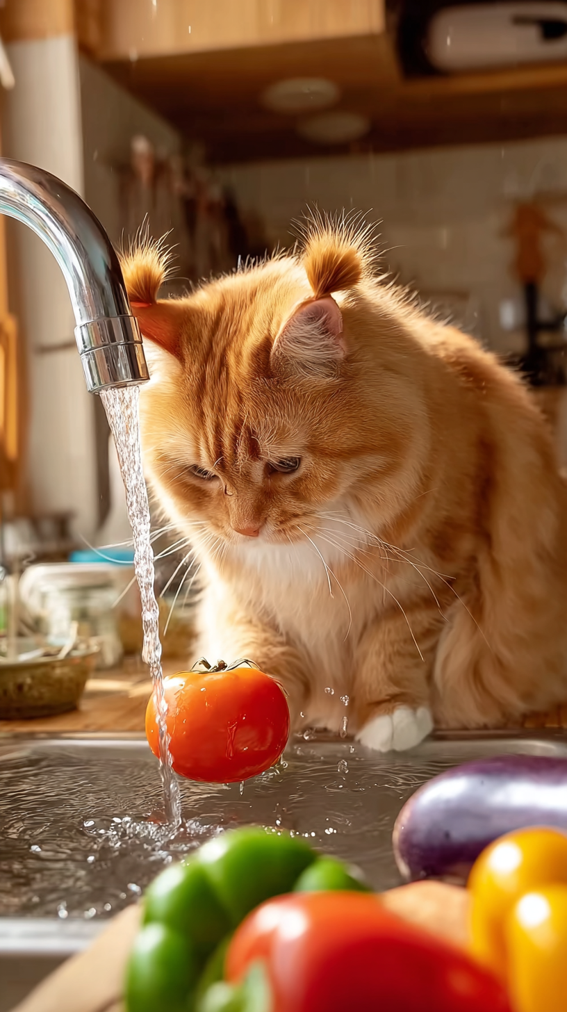 Storyboard 4: Wide shot - Cat at kitchen sink with vegetables, turning on faucet