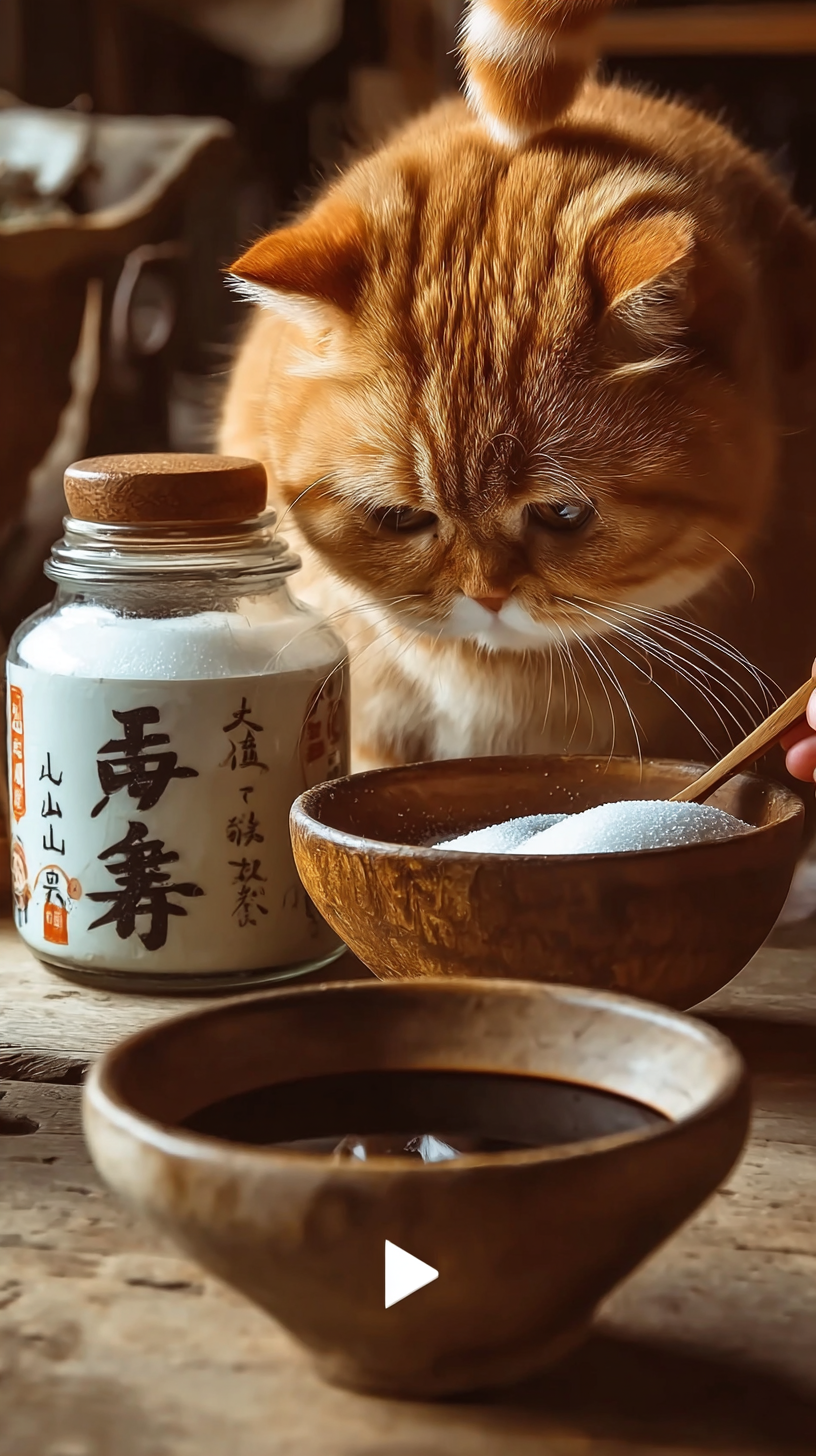 Storyboard 6: Wide shot - Cat at wooden table with salt jar and seasoning bowls