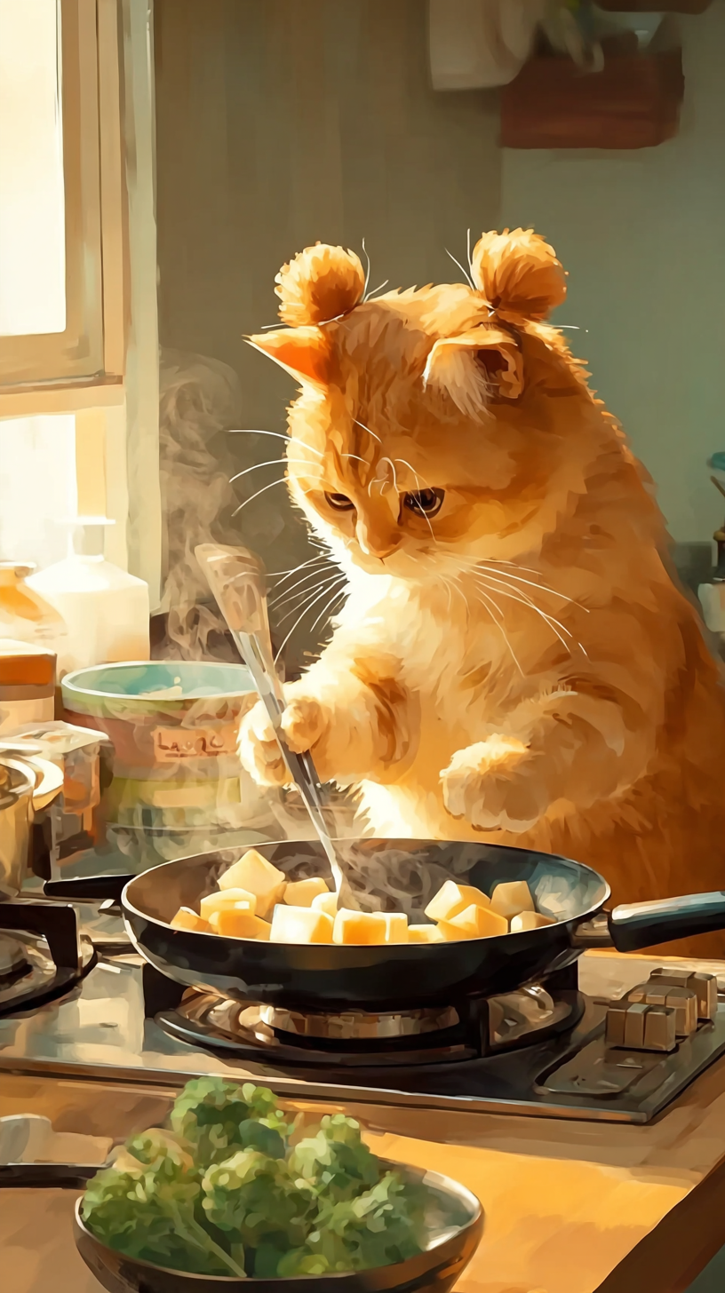 Storyboard 7: Wide shot - Cat at stovetop with pan heating, adding oil