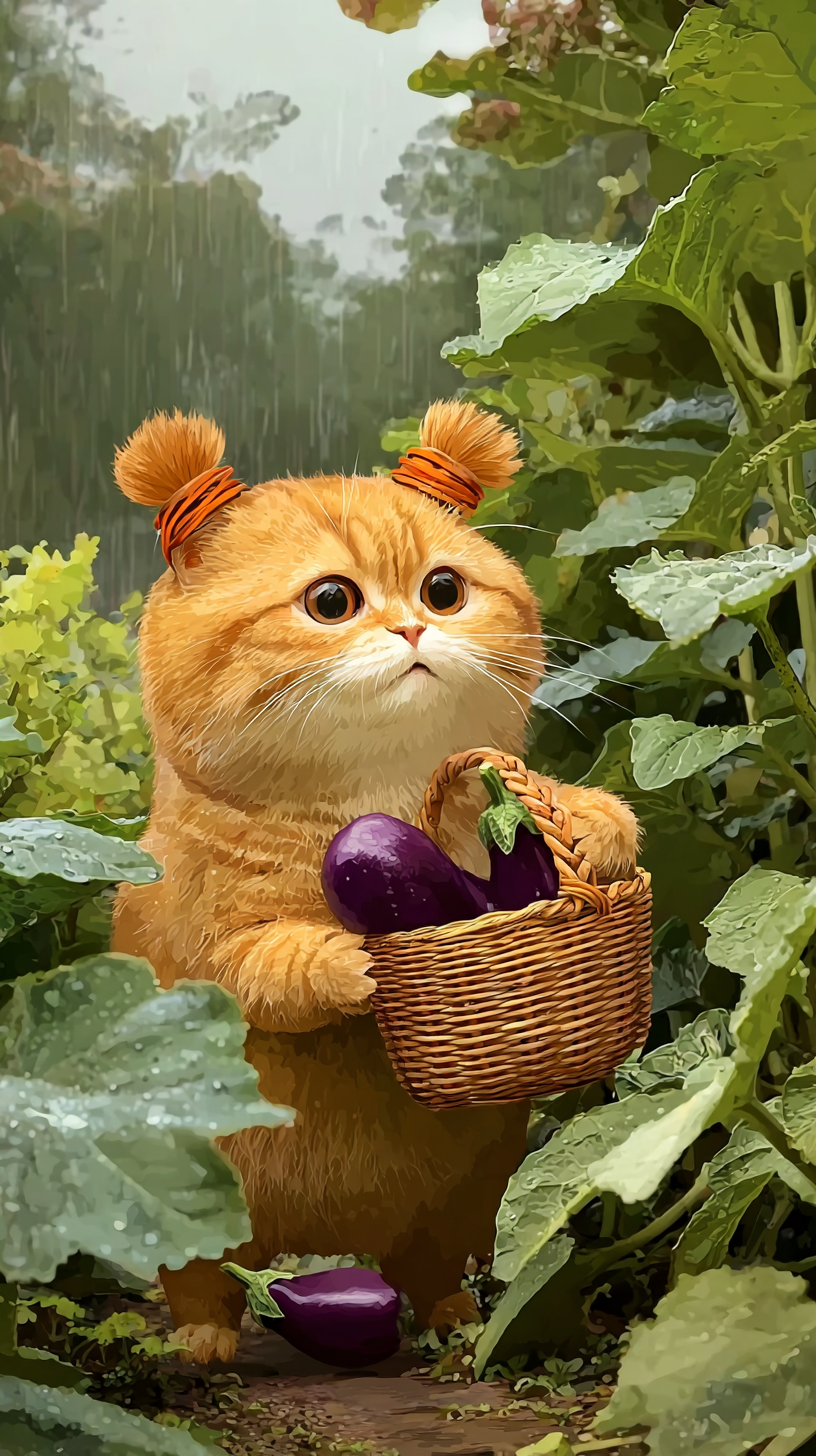 Storyboard 1: Wide establishing shot - Chubby orange cat with distinctive ponytails stands in misty garden, holding wicker basket